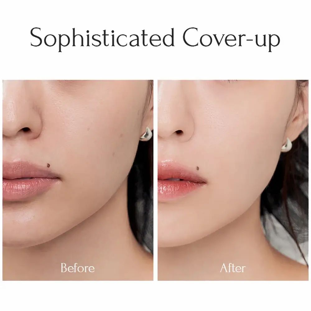 Confronto prima-dopo. Metà viso con e senza trucco. Testo: Sophisticated Cover-up.