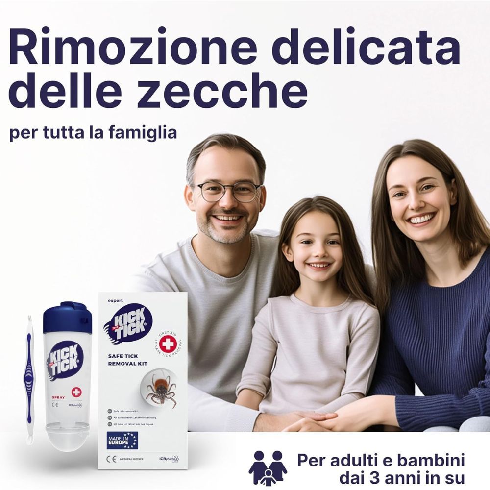 Famiglia con prodotto. Kit rimozione zecche, pinzetta e spray. Testo: Kick the Tick.