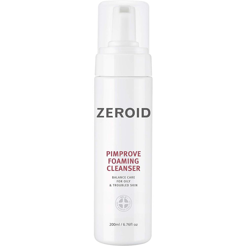 Flacone bianco ZEROID Pimprove Foaming Cleanser. Testo: Pimprove Foaming Cleanser, Balance Care for Oily & Troubled Skin. 200ml/6.76fl oz.