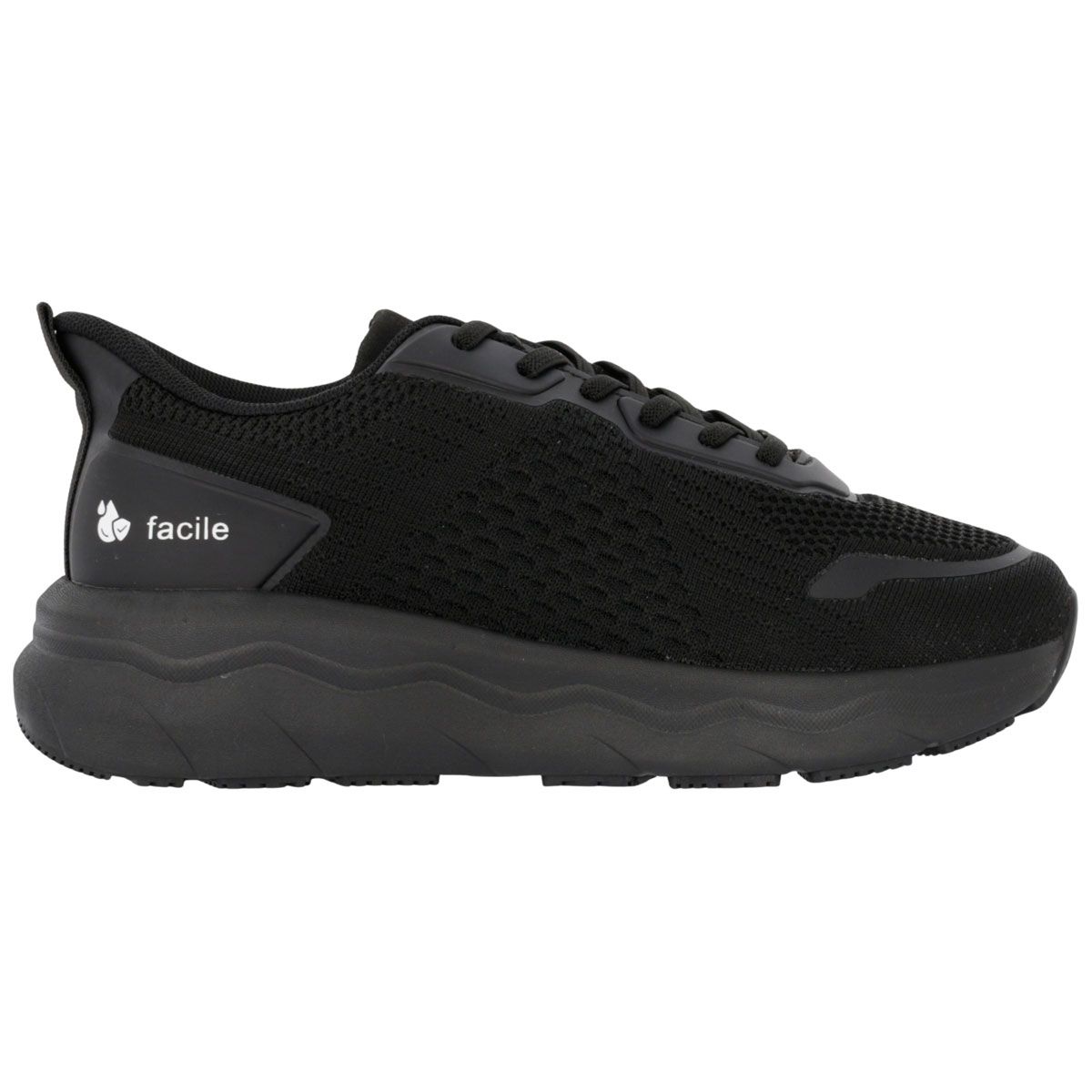 Vista laterale di uno sneaker nero traspirante con lacci e scritta "facile".