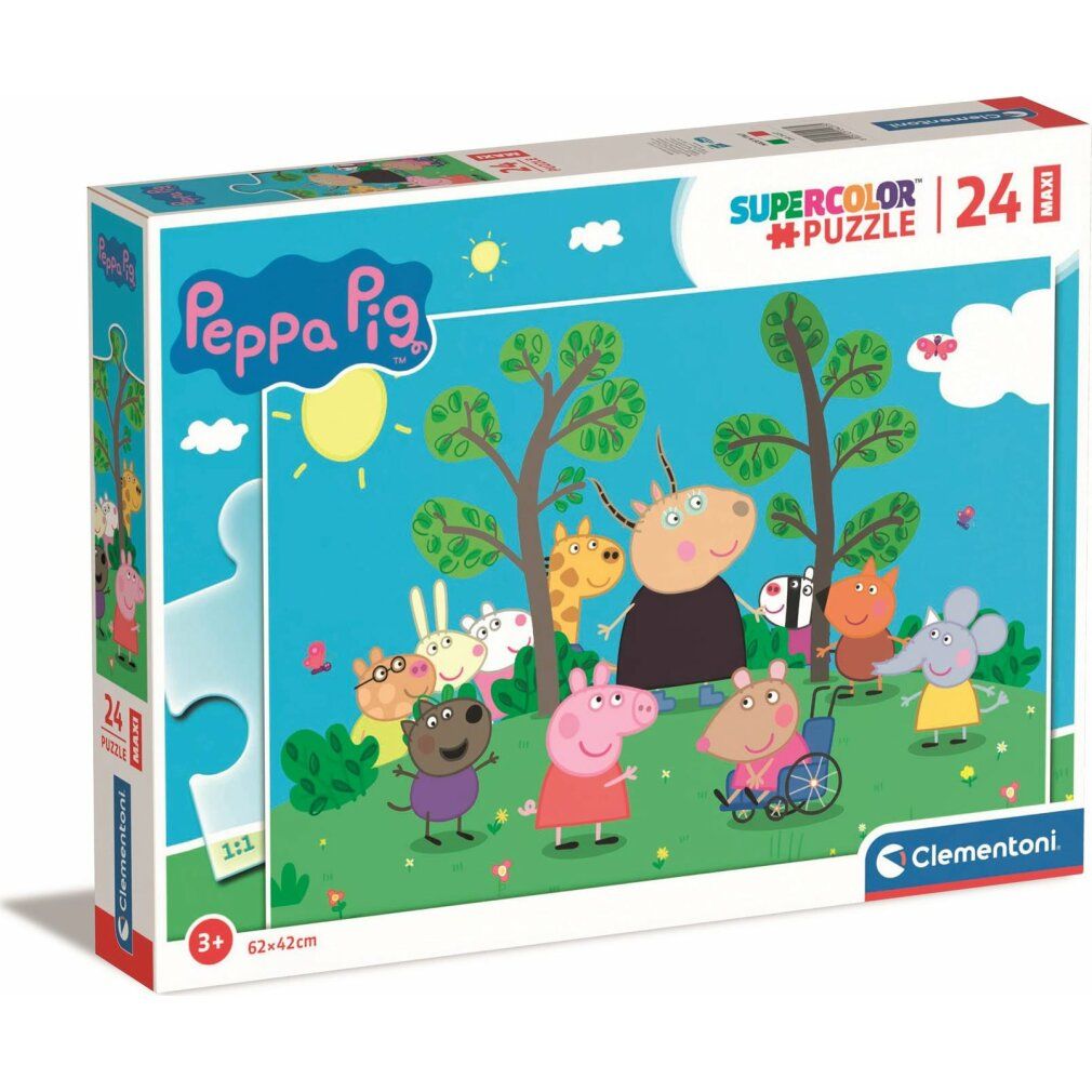 Puzzle Clementoni, 24 pezzi, motivo Peppa Pig. La confezione mostra il motivo del puzzle. Scritta: Supercolor Puzzle, Peppa Pig, 62x42cm.