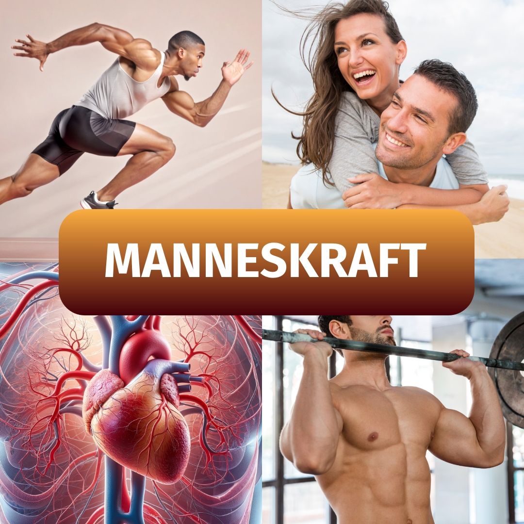 Collage: Corridore, coppia sorridente, cuore, sollevatore di pesi. Testo: Mannes Kraft.