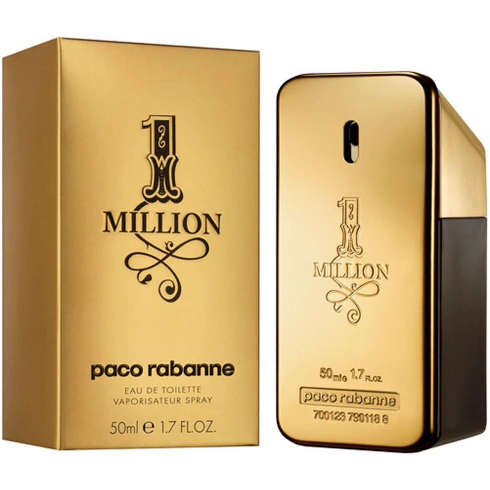 Flacone e confezione dorati. Scritta: 1 Million, Paco Rabanne. Eau de Toilette, 50ml.