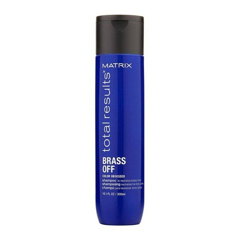 Flacone di shampoo blu con tappo nero. Scritta: MATRIX total results BRASS OFF. 300ml.