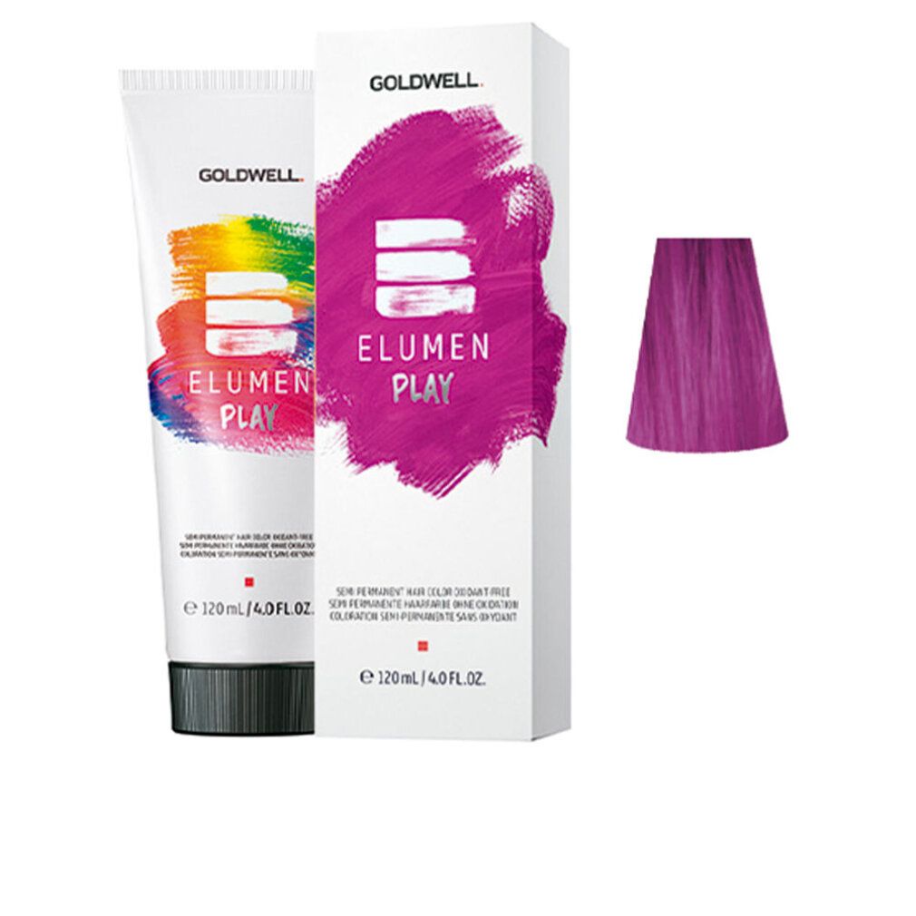 Goldwell Elumen Play Pink. Tubo e scatola con informazioni sul prodotto. Ciocca di colore a destra.