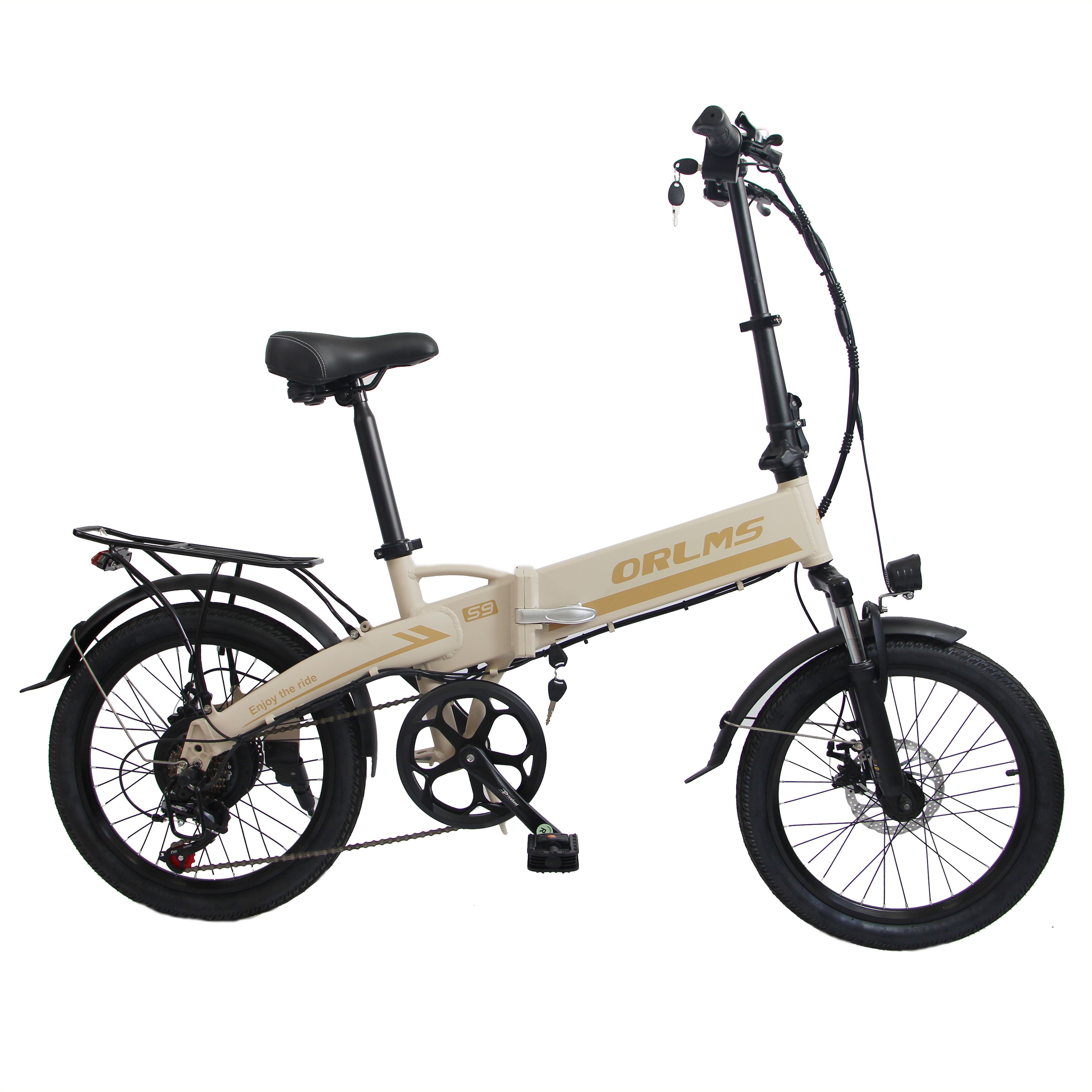 E-bike pieghevole beige e nero. Scritta ORLMS S9. Portapacchi, parafanghi, sella. Ruote da 20 pollici. Vista laterale.