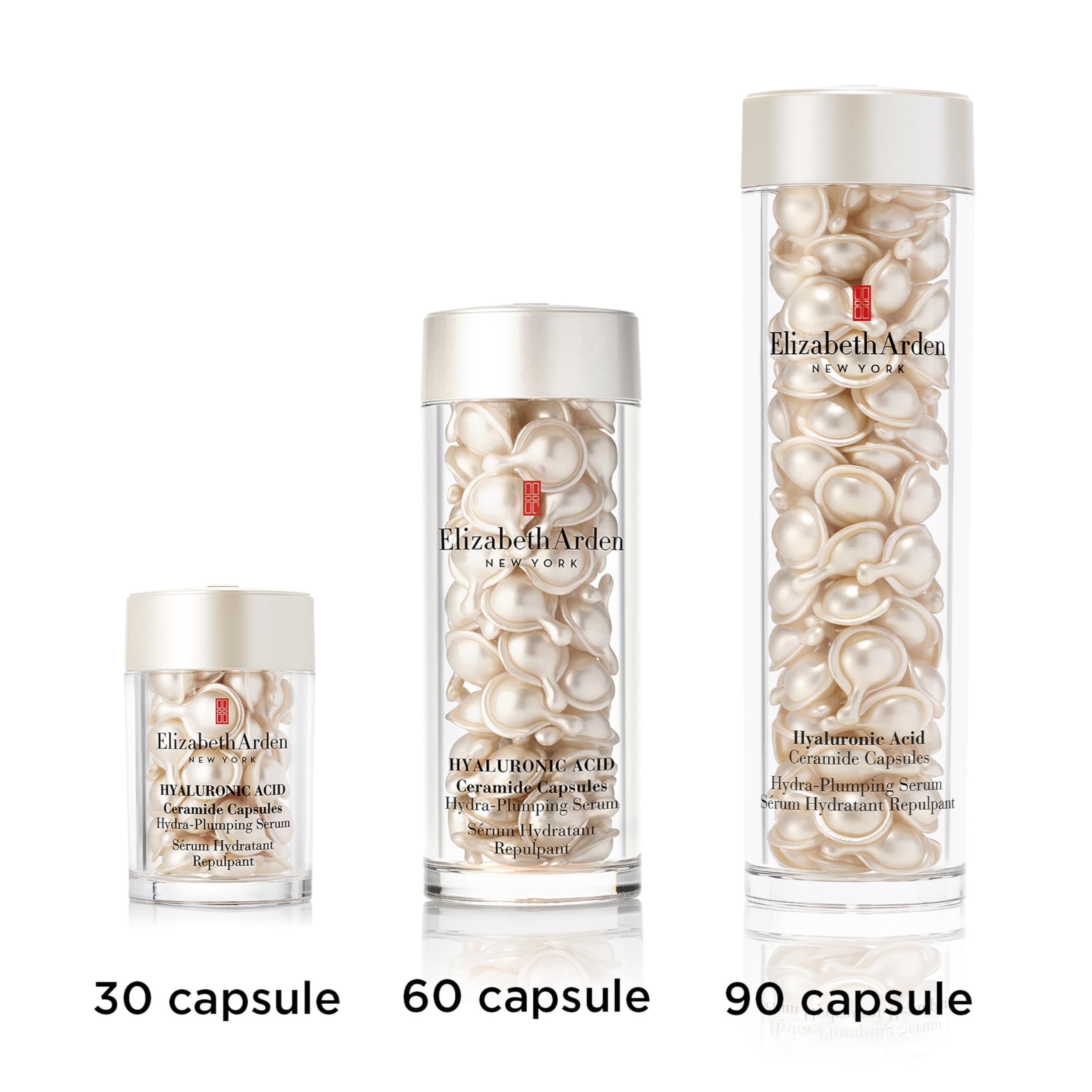 Tre flaconi di capsule. Scritta: Elizabeth Arden New York. Nome del prodotto e ingredienti. 30, 60, 90 capsule.