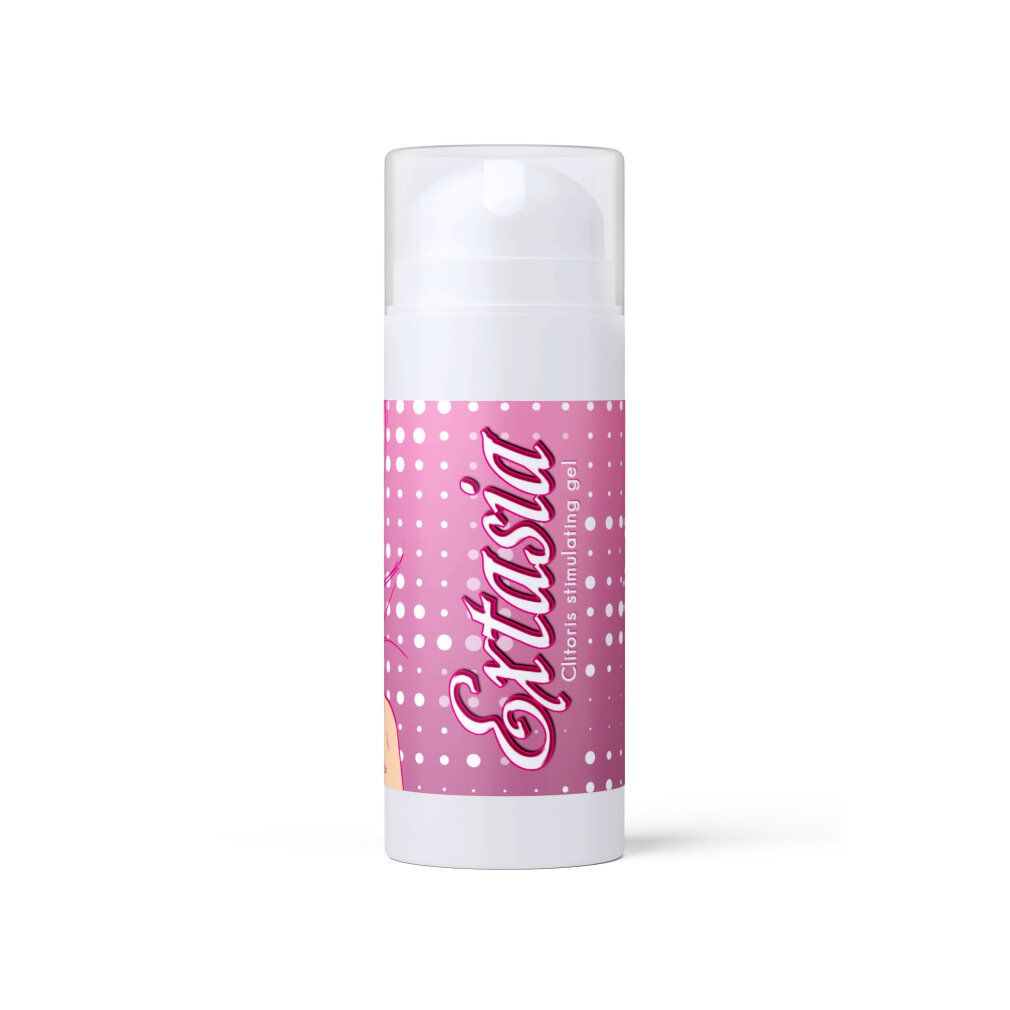 Flacone bianco con etichetta rosa. Scritta: Extasia, Clitoris stimulating gel. Testina bianca.