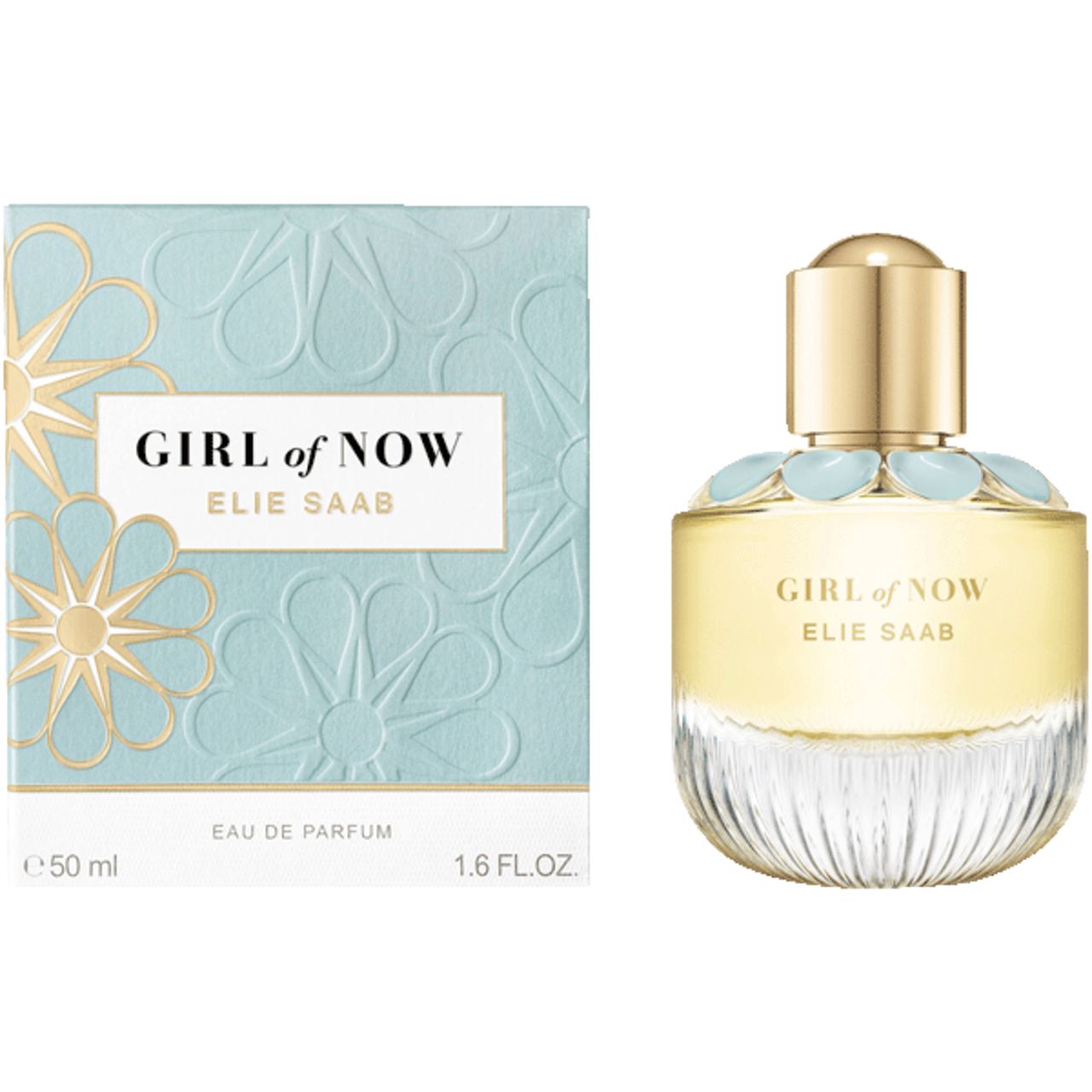 Primo piano della scatola. Scritta: GIRL of NOW, ELIE SAAB. Motivo floreale e testo.