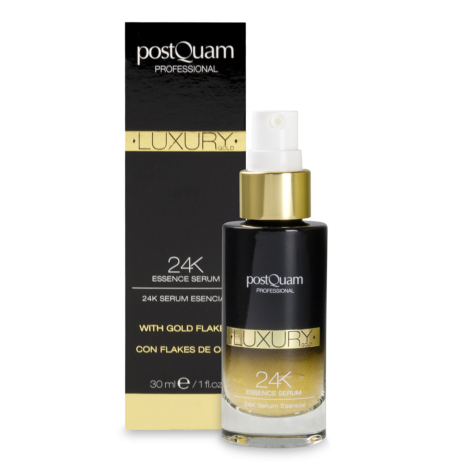 Flacone di siero e confezione. Scritta "Luxury 24K Essence Serum" e "30 ml".