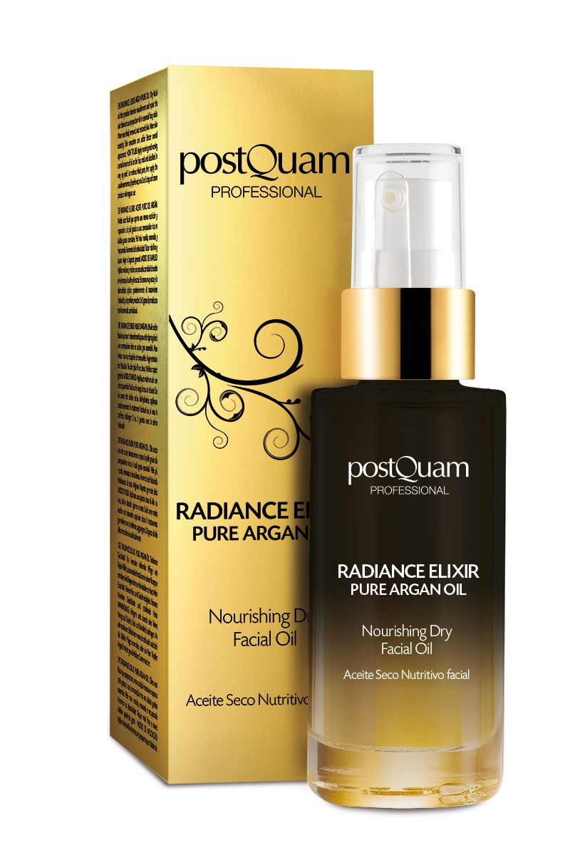 Flacone e scatola con testo. Scritta: postQuam PROFESSIONAL, RADIANCE ELIXIR PURE ARGAN OIL, Nourishing Dry Facial Oil.