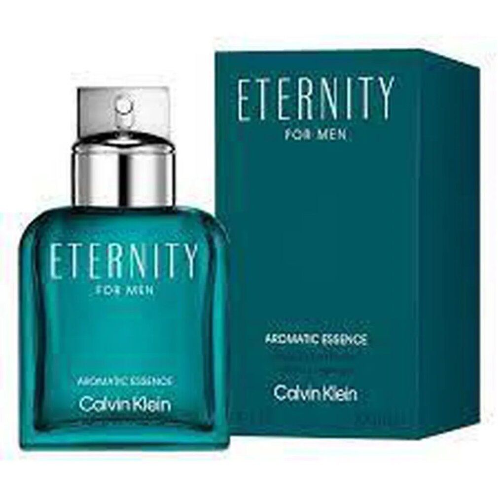 Flacone e scatola turchese. Scritta: Eternity for Men, Aromatic Essence, Calvin Klein. Flacone con tappo argentato.