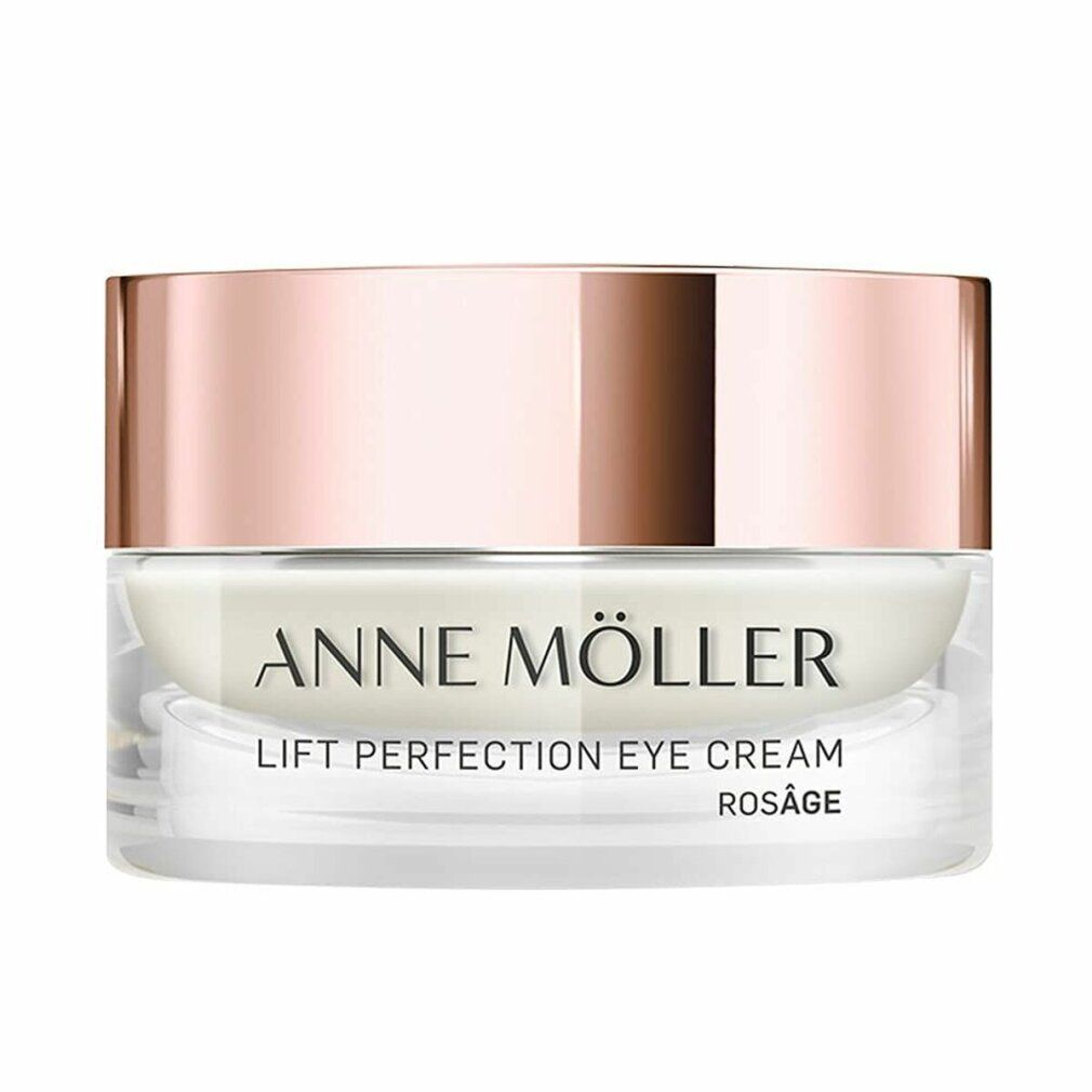 Vasetto di crema con coperchio color oro rosa. Scritta: ANNE MÖLLER, LIFT PERFECTION EYE CREAM, ROSÂGE.