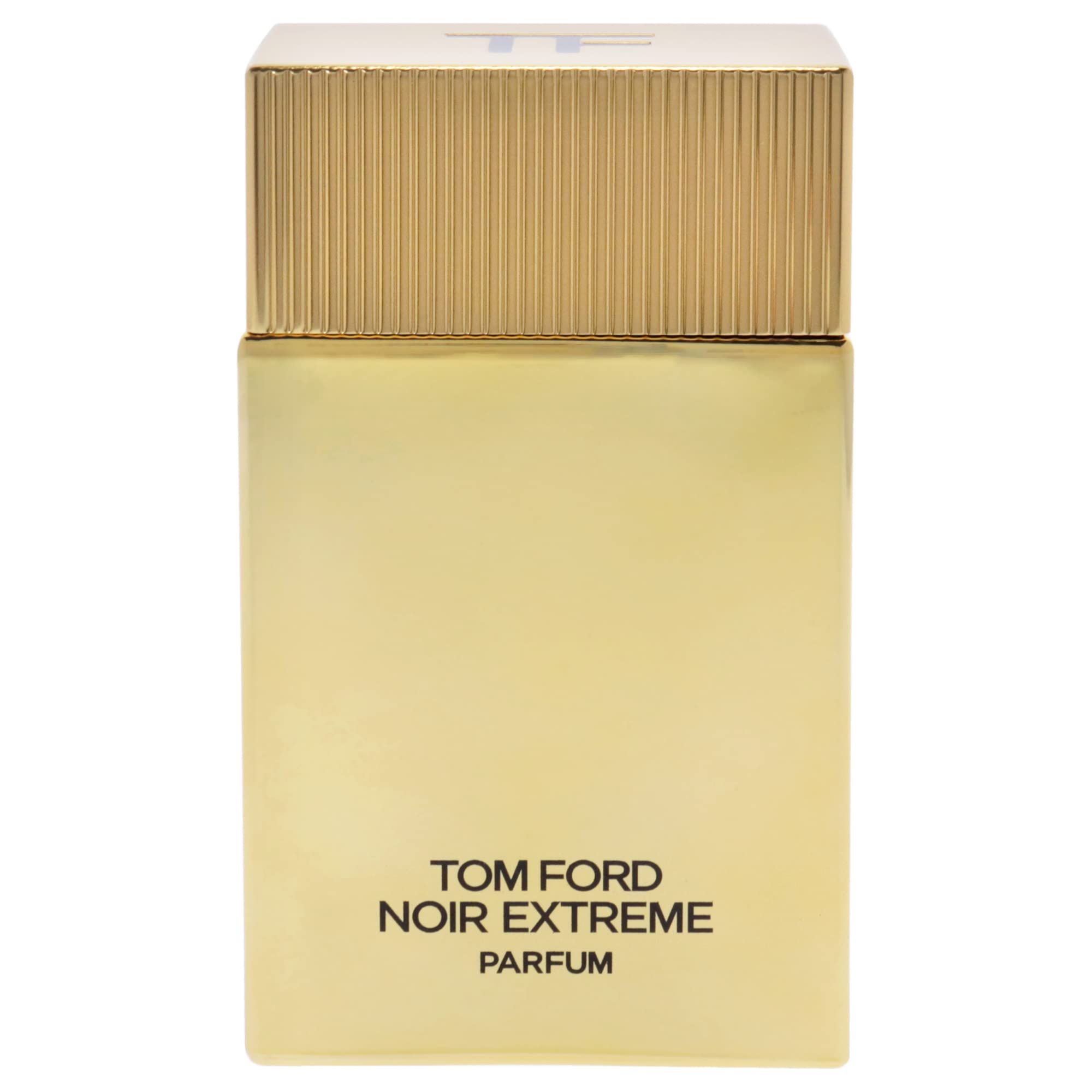 Flacone dorato con tappo dorato. Scritta: TOM FORD NOIR EXTREME PARFUM. Forma quadrata.
