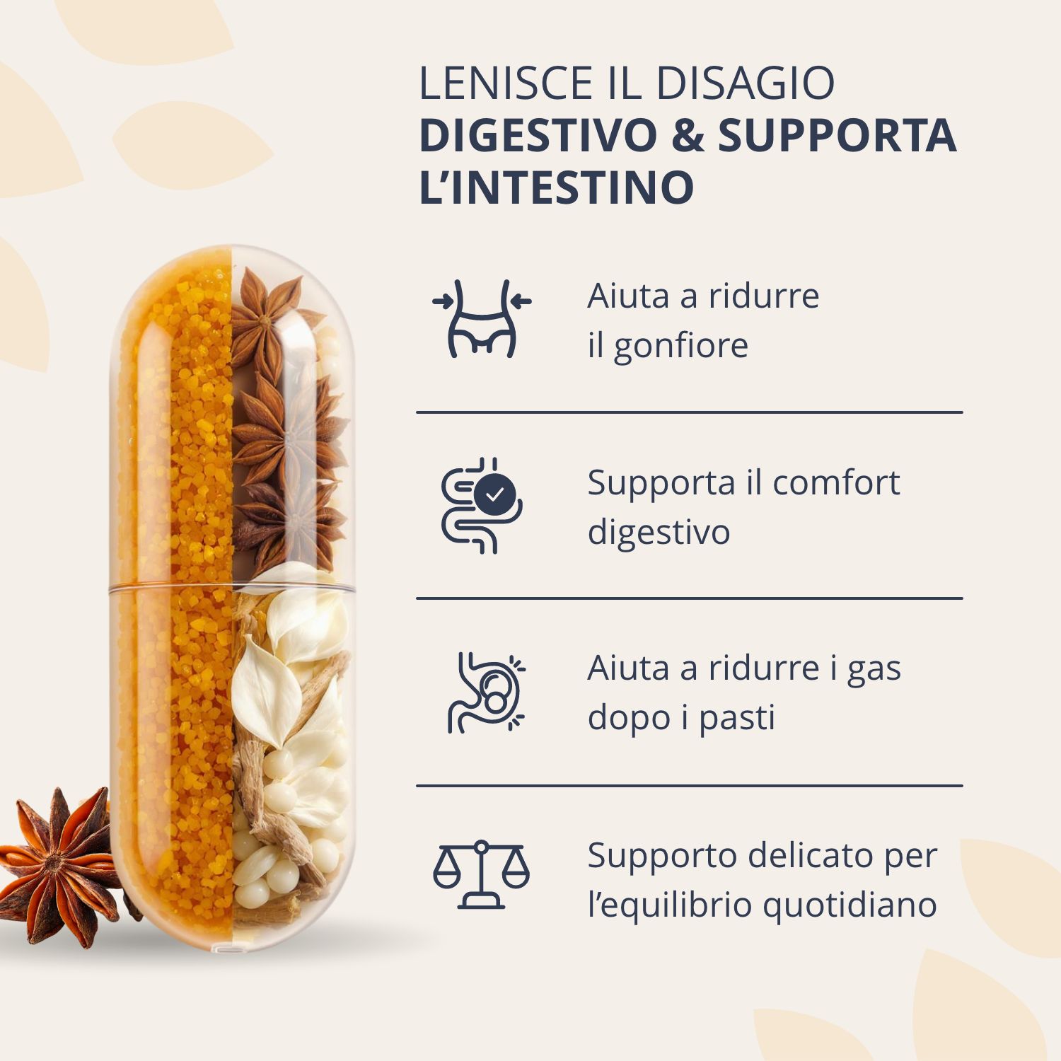 Flacone di 60 capsule Golden Tree Gut Relief, 29g. Con anice stellato e foglie.