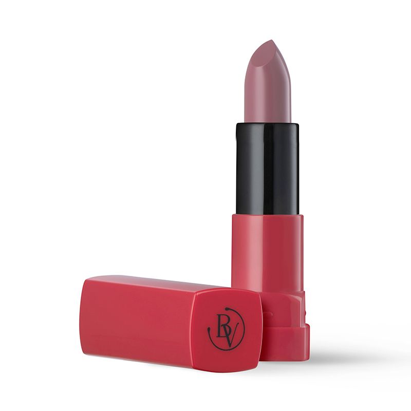 Rossetto rosa-beige. Contenitore rosso con parte centrale nera. Marchio Bottega Verde.