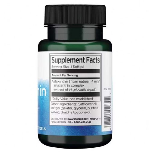 Flacone verde di Astaxantina. Retro con informazioni nutrizionali. Contiene complesso di astaxantina, olio di cartamo, gelatina, glicerina, acqua purificata.