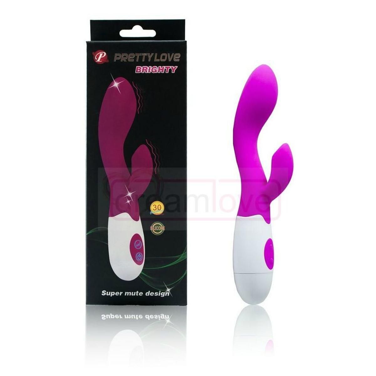 Confezione del prodotto. Scatola nera con vibratore viola. Testo: Pretty Love, Brighty, 30 modalità.