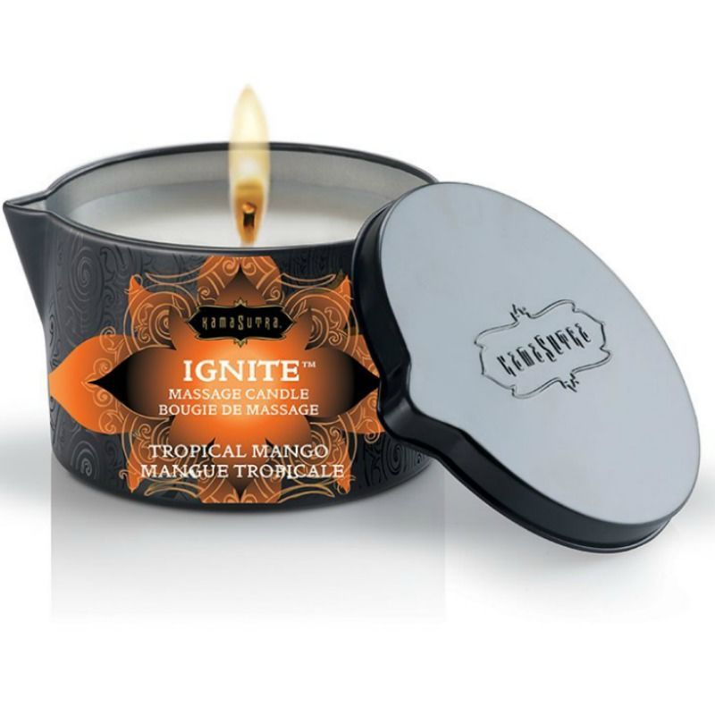 Candela da massaggio 'Ignite' Tropical Mango con coperchio e fiamma.