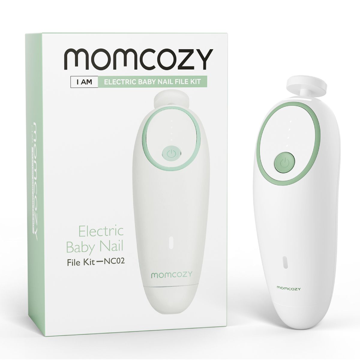 Lima per unghie elettrica Momcozy e confezione. Lima bianca con pulsante verde. Confezione con logo e nome prodotto.