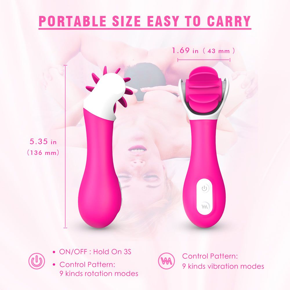 Vibratore rosa con testa bianca. Dimensioni: 136 mm di lunghezza, 43 mm di larghezza. Testo.