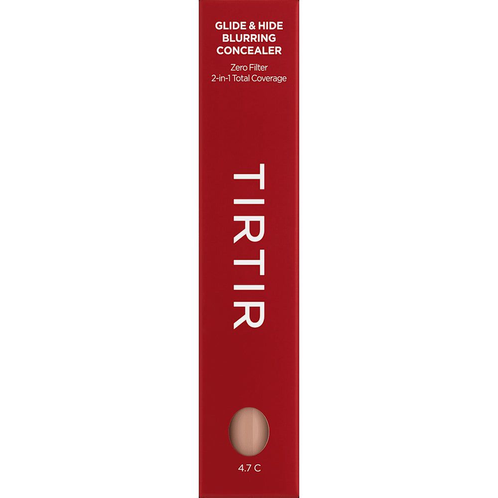 Confezione rossa con TIRTIR Glide & Hide Blurring Concealer. Nome del prodotto e tonalità 4.7C visibili. Testo: Zero Filter, 2-in-1 Total Coverage.