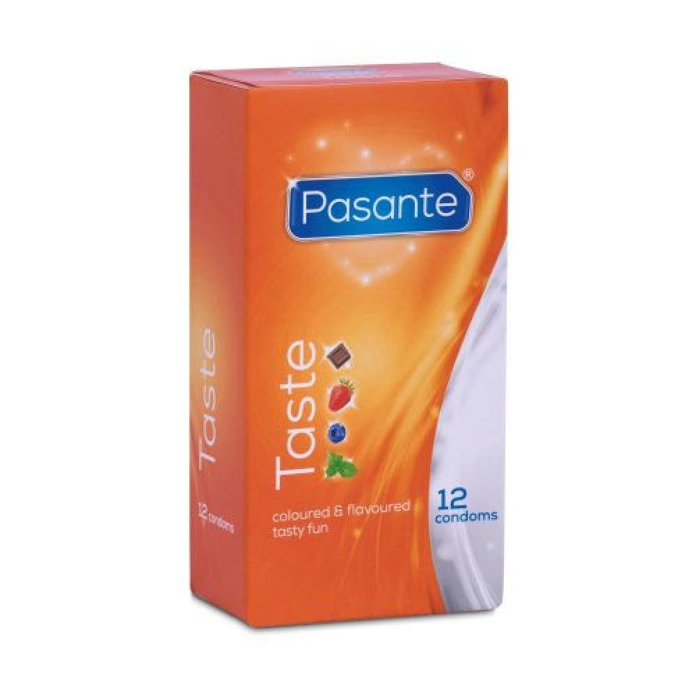 Confezione di Pasante Taste. Arancione con nome del prodotto, gusti e 12 preservativi.