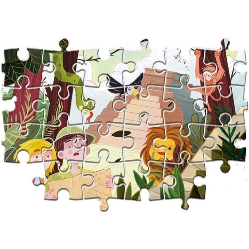 Puzzle Clementoni Avventura 2x20 pezzi. Puzzle completato con motivo giungla. Bambini, animali e piramide. Pezzi del puzzle visibili.