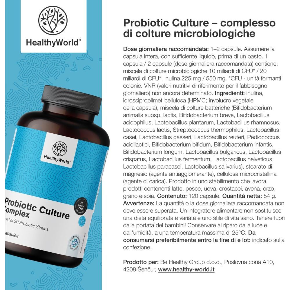Flacone Probiotic Culture Complex. Testo e ingredienti. 120 capsule.
