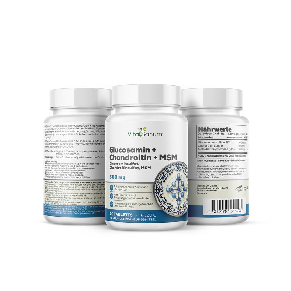 Tre bottiglie bianche con etichette. Scritta: VitaSanum, Glucosamina + Condroitina + MSM. 500 mg. 90 compresse. Sigillo vegano.