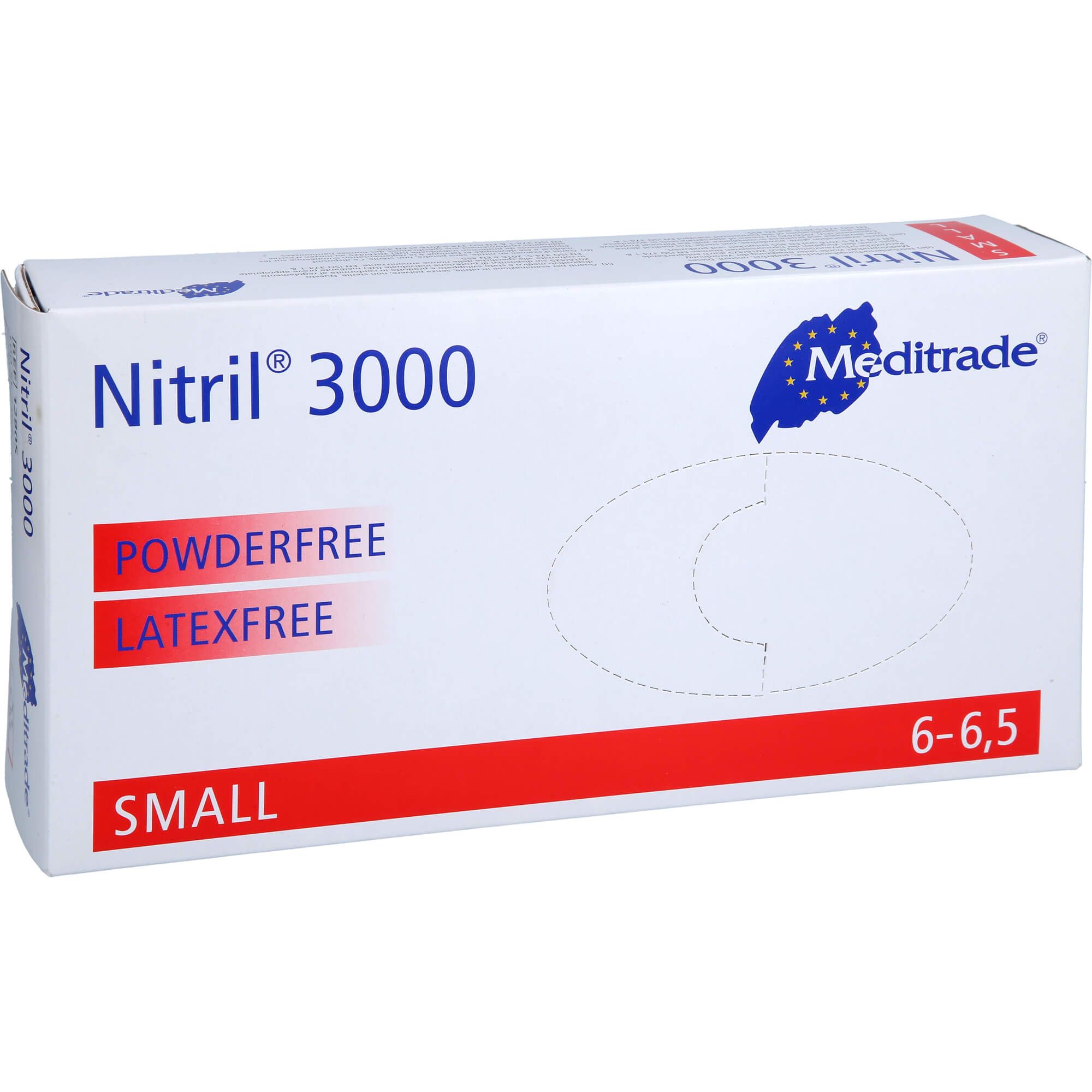 Scatola di guanti Nitril® 3000, senza polvere, senza lattice. Marchio Meditrade. Taglia Small, 6-6,5.