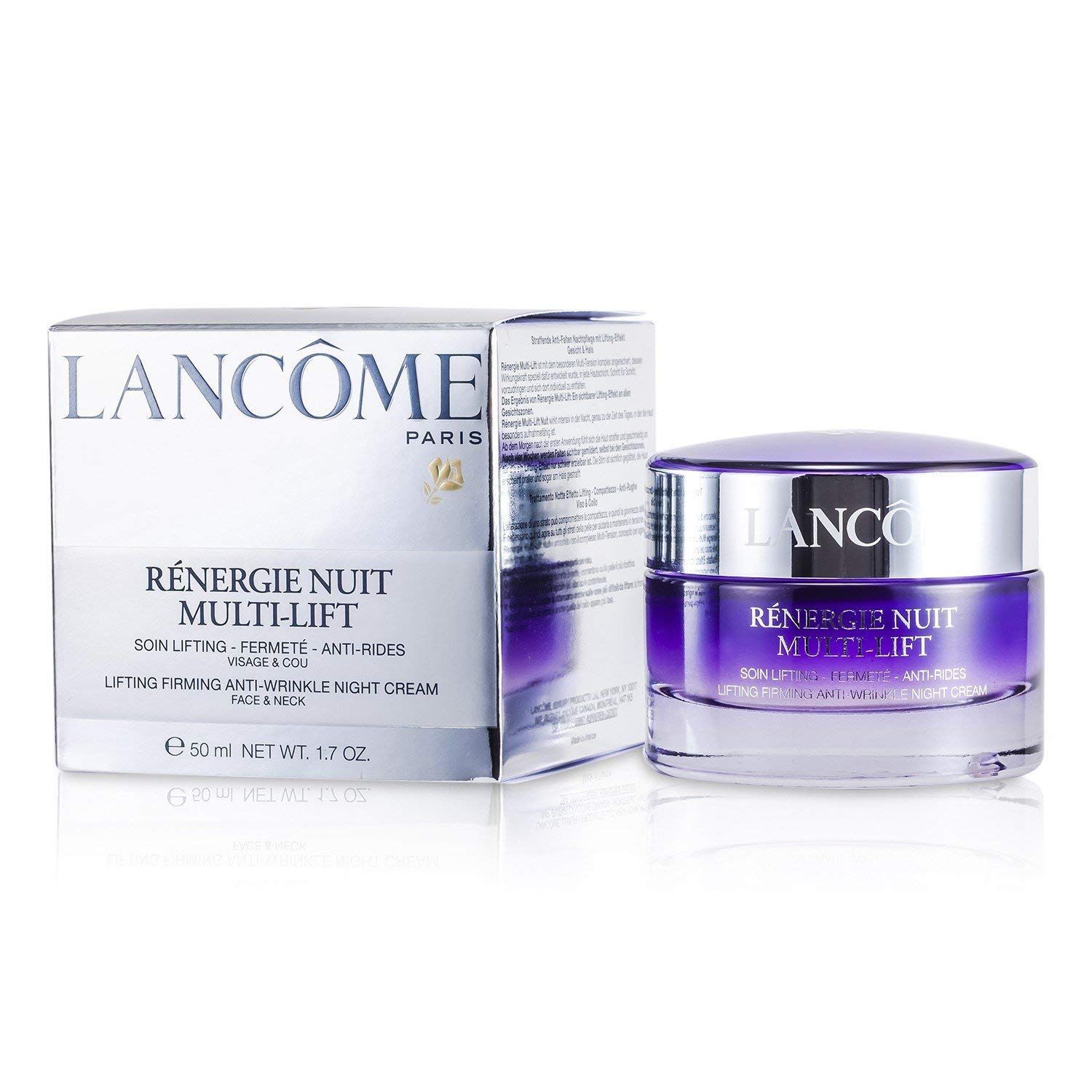 Vasetto di crema e scatola. Scritta: LANCÔME, RÉNERGIE NUIT MULTI-LIFT. Vetro viola, coperchio argentato. Scatola: bianca, testo. 50 ml.