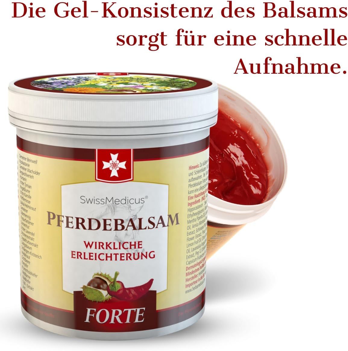 Barattolo di prodotto con coperchio aperto. Gel rosso visibile. Testo: SwissMedicus Pferdebalsam FORTE.