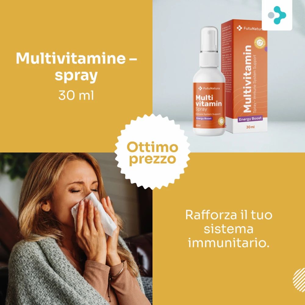 Spray Multivitaminico FutuNatura e confezione. Donna con fazzoletto. Confezione arancione con nome del prodotto.