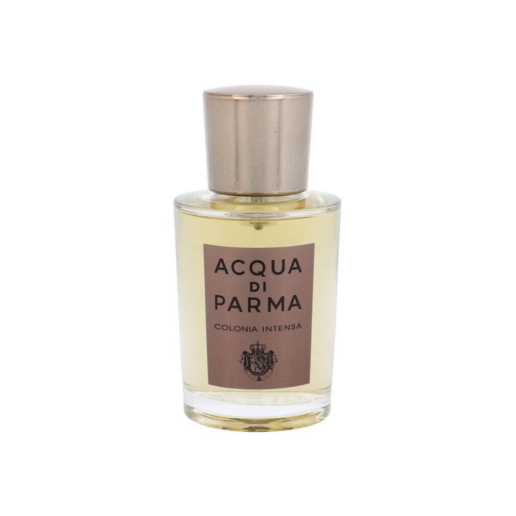 Flacone in vetro con tappo dorato. Etichetta con testo: ACQUA DI PARMA, COLONIA INTENSA. Eau de Cologne Natural Spray.