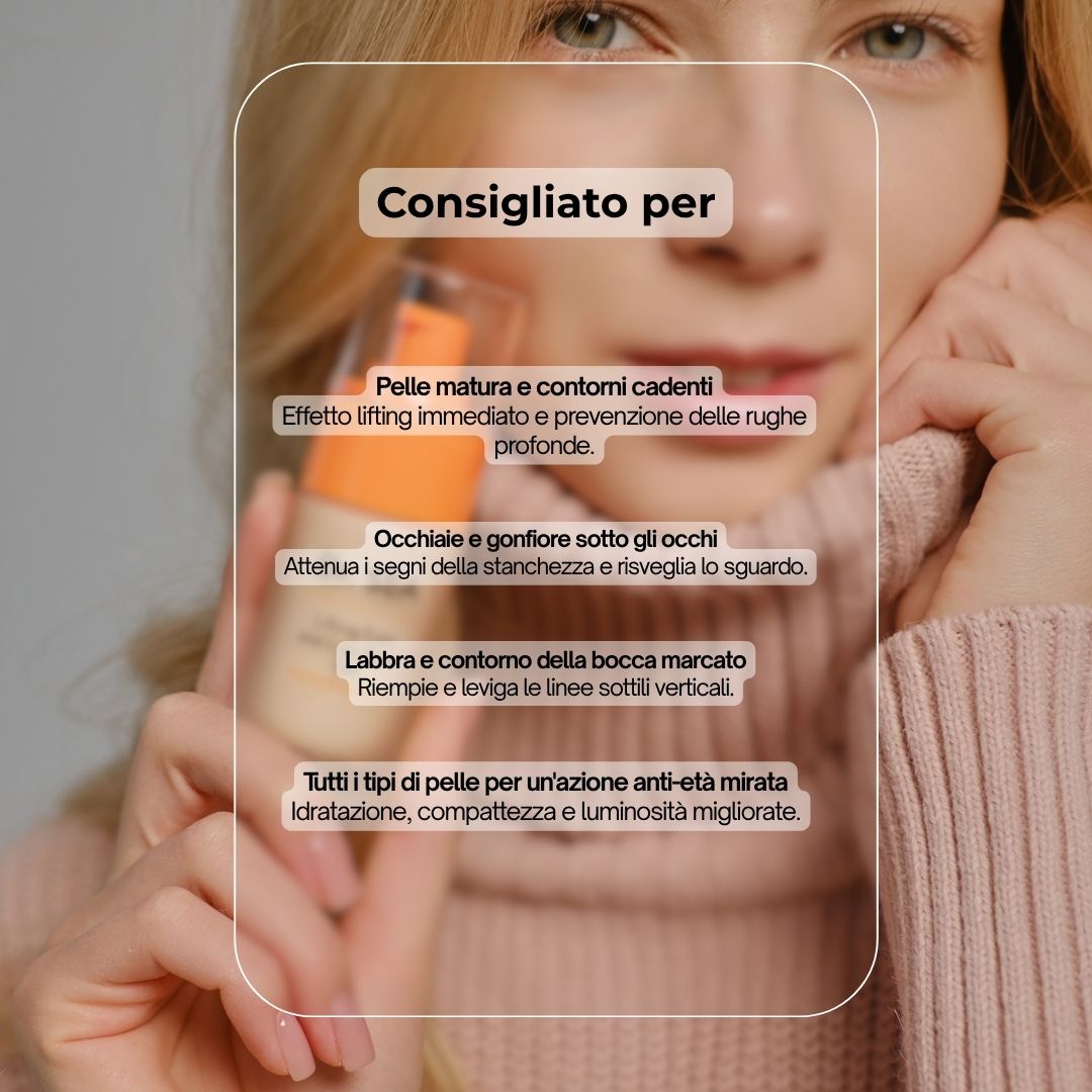 Donna tiene flacone di gel. Testo: Consigliato per: labbra e contorno bocca, pelle matura, occhiaie, tutti i tipi di pelle. Dr. SEA.