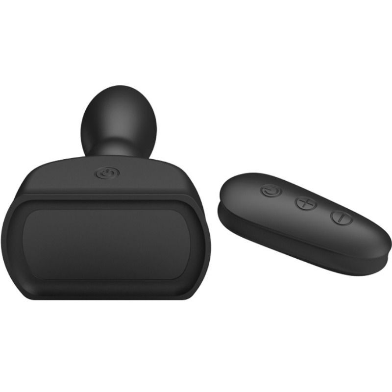 Vibratore prostatico nero e telecomando. Forme arrotondate. Pulsanti sul telecomando.