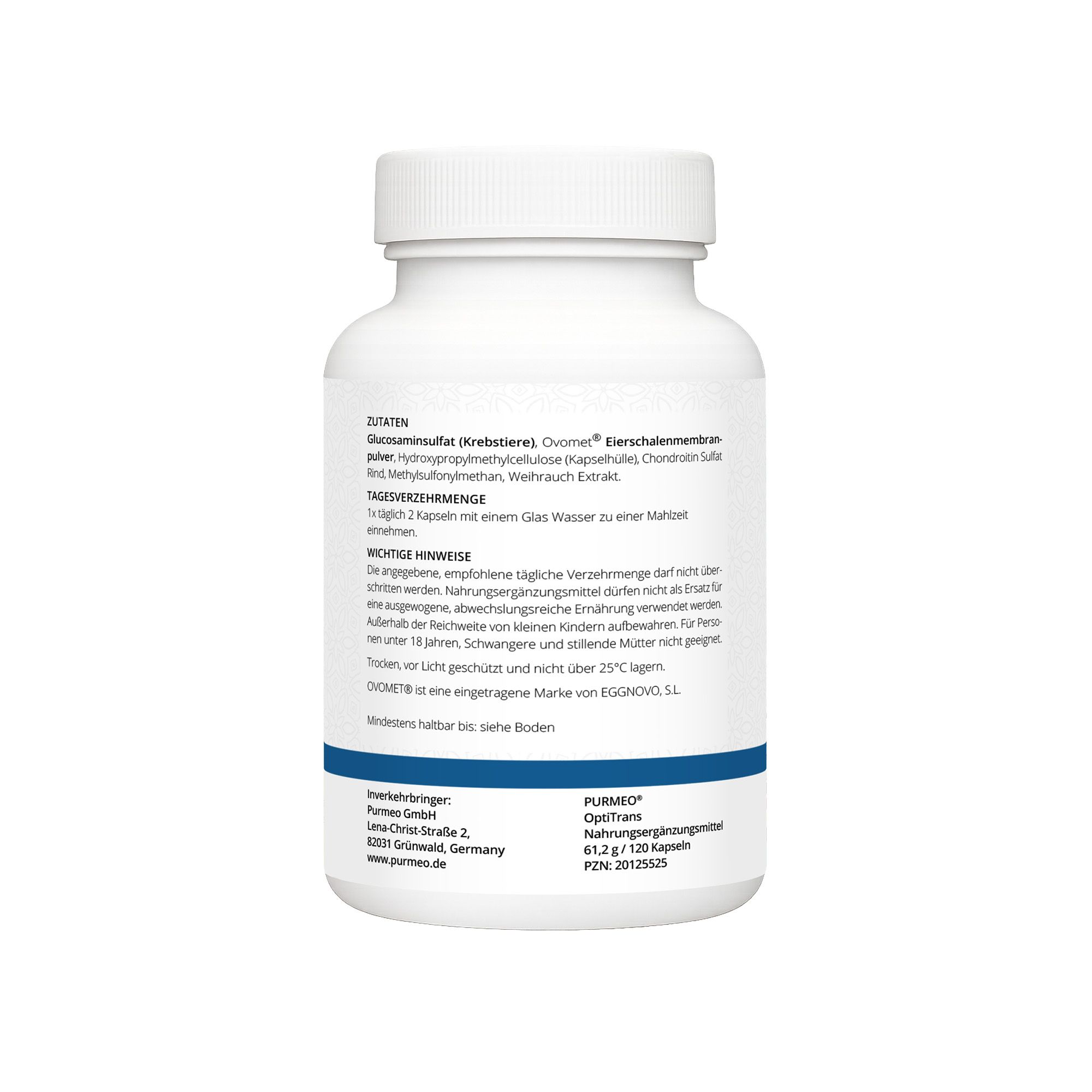 Retro di un flacone bianco di capsule. Contiene ingredienti, istruzioni per l'uso e informazioni sul produttore.