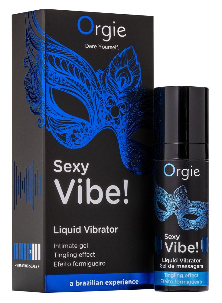 Flacone e confezione Orgie Sexy Vibe! Liquid Vibrator con motivo a maschera e testo.