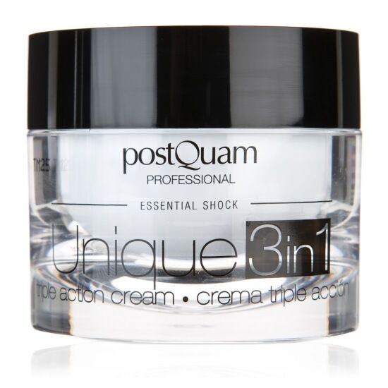 Vasetto di crema con coperchio nero. Scritta: Postquam Professional, Unique 3in1. Crema tripla azione.
