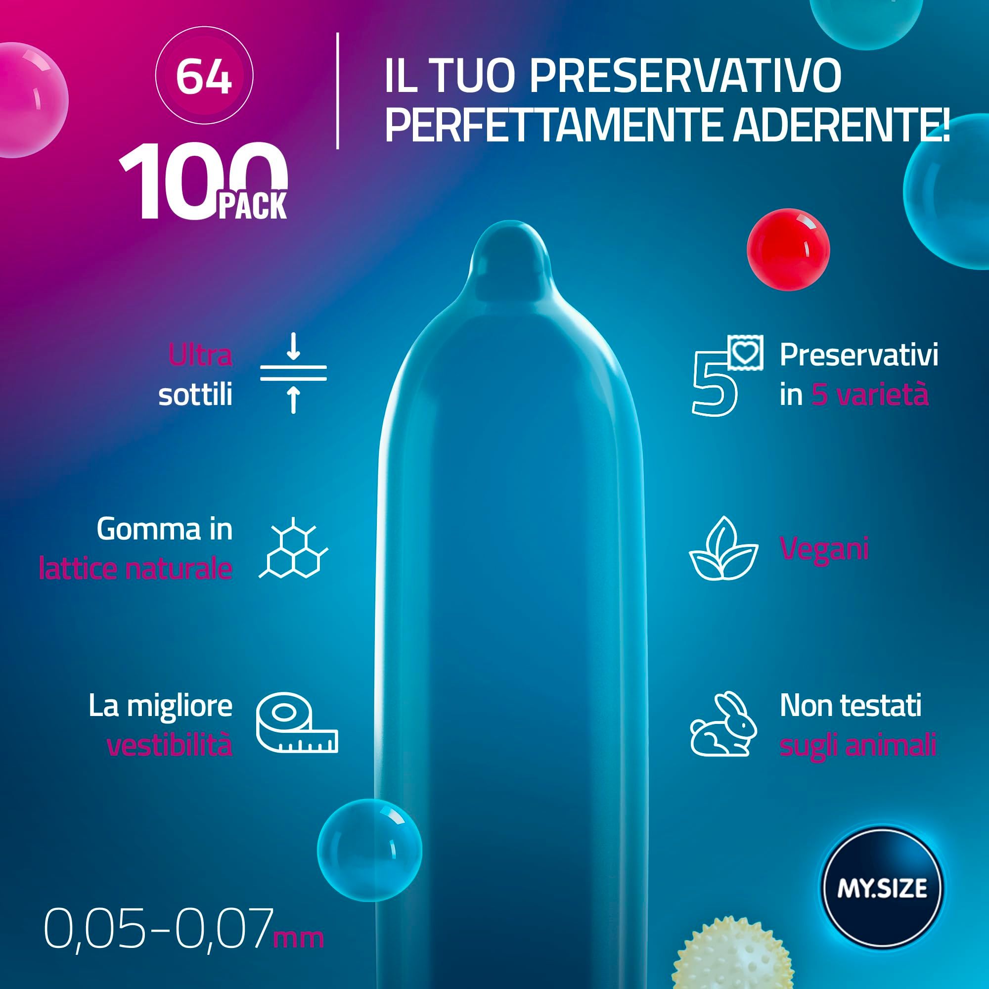 Confezione da 100 preservativi, 64 unità. Sottili, in lattice di gomma naturale, spessore 0,05-0,07 mm.