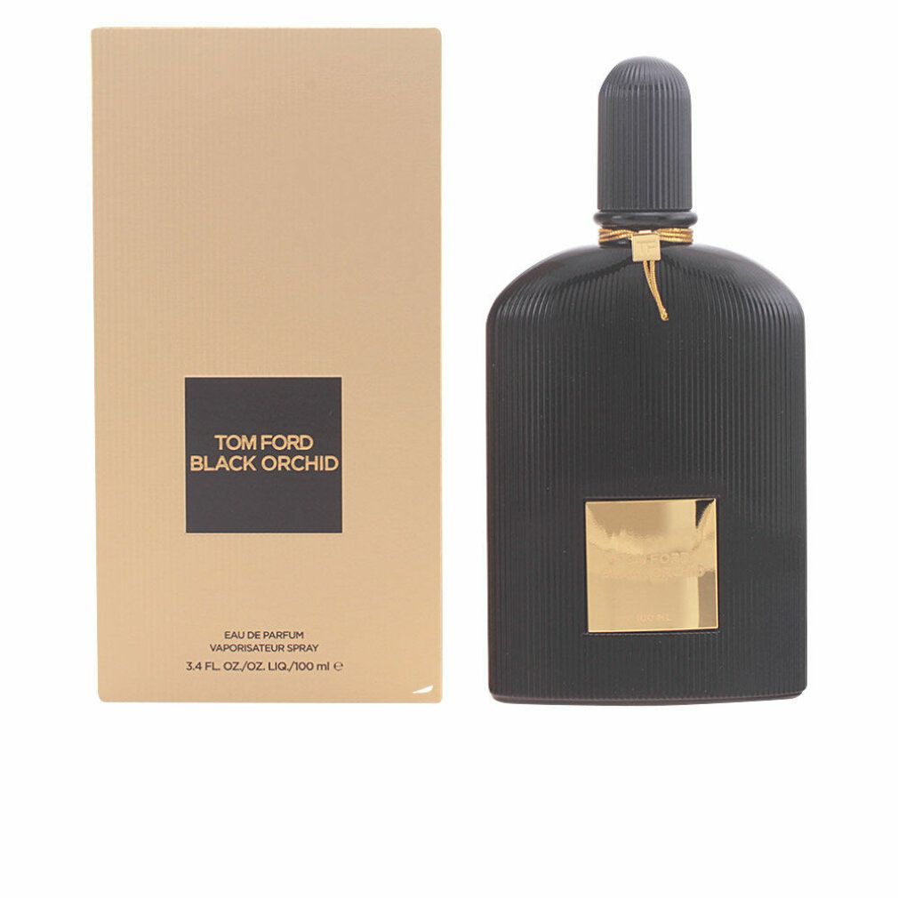 Flacone nero con etichetta dorata e tappo nero. Confezione dorata con logo nero. Testo: Tom Ford Black Orchid.