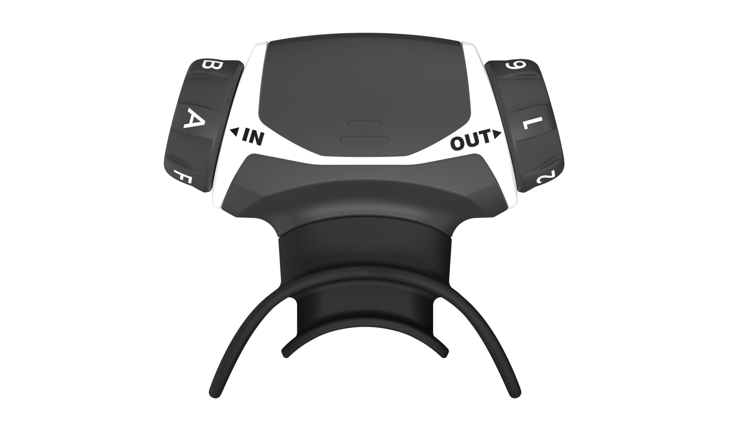 Dispositivo per allenamento respiratorio, bianco e nero. Manopole con indicazioni 'IN' e 'OUT'. Boccaglio curvo.