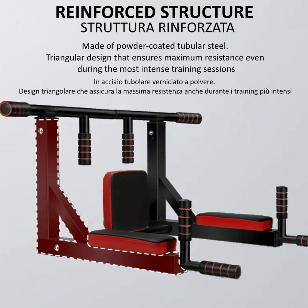 Barra per trazioni nera con imbottitura rossa. Realizzata in acciaio tubolare verniciato a polvere. Design triangolare per la massima resistenza.