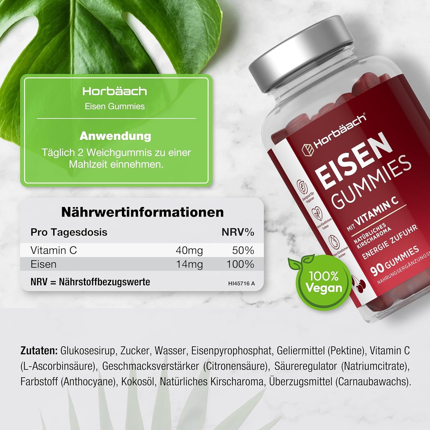 Horbäach Ferro Gummies con Vitamina C. 90 caramelle. Uso: 2 caramelle al giorno. Informazioni nutrizionali. 100% Vegano.
