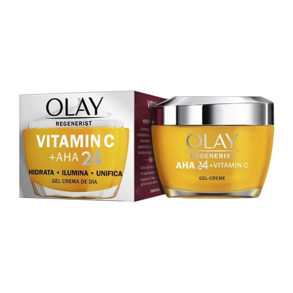 Olay Regenerist crema giorno Vitamina C + AHA 24. Crema gialla in vasetto, coperchio argento. Scatola con info.
