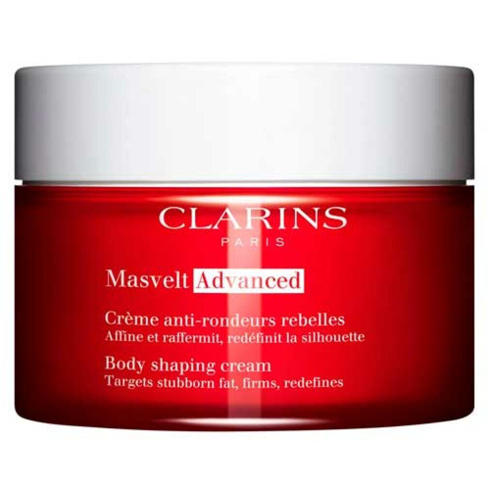 Vasetto rosso con coperchio bianco. Testo: Clarins Paris, Masvelt Advanced, Crème anti-rondeurs rebelles, Body shaping cream.