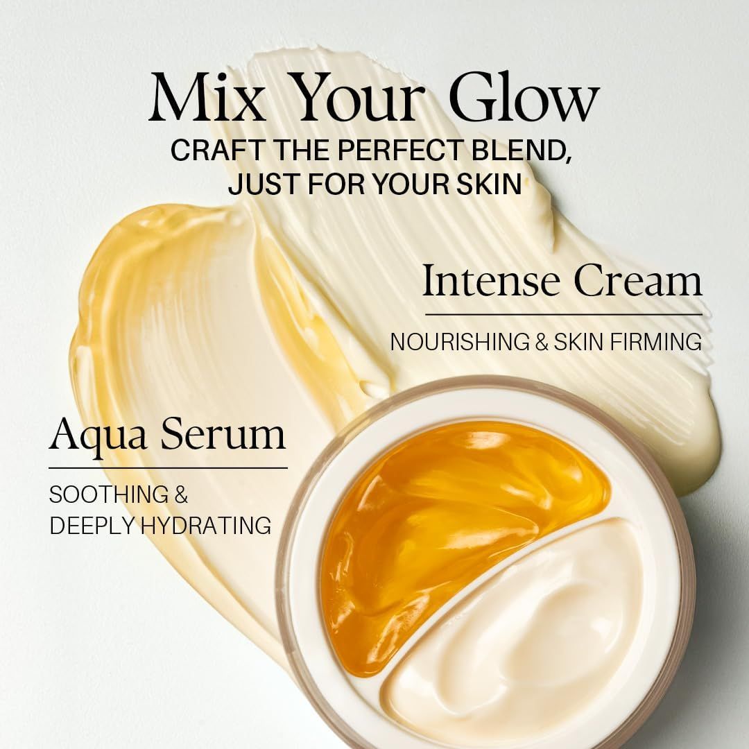 Aqua Serum e Intense Cream. Texture gialla e bianca. Testo: lenitivo e idratante, nutriente e rassodante.
