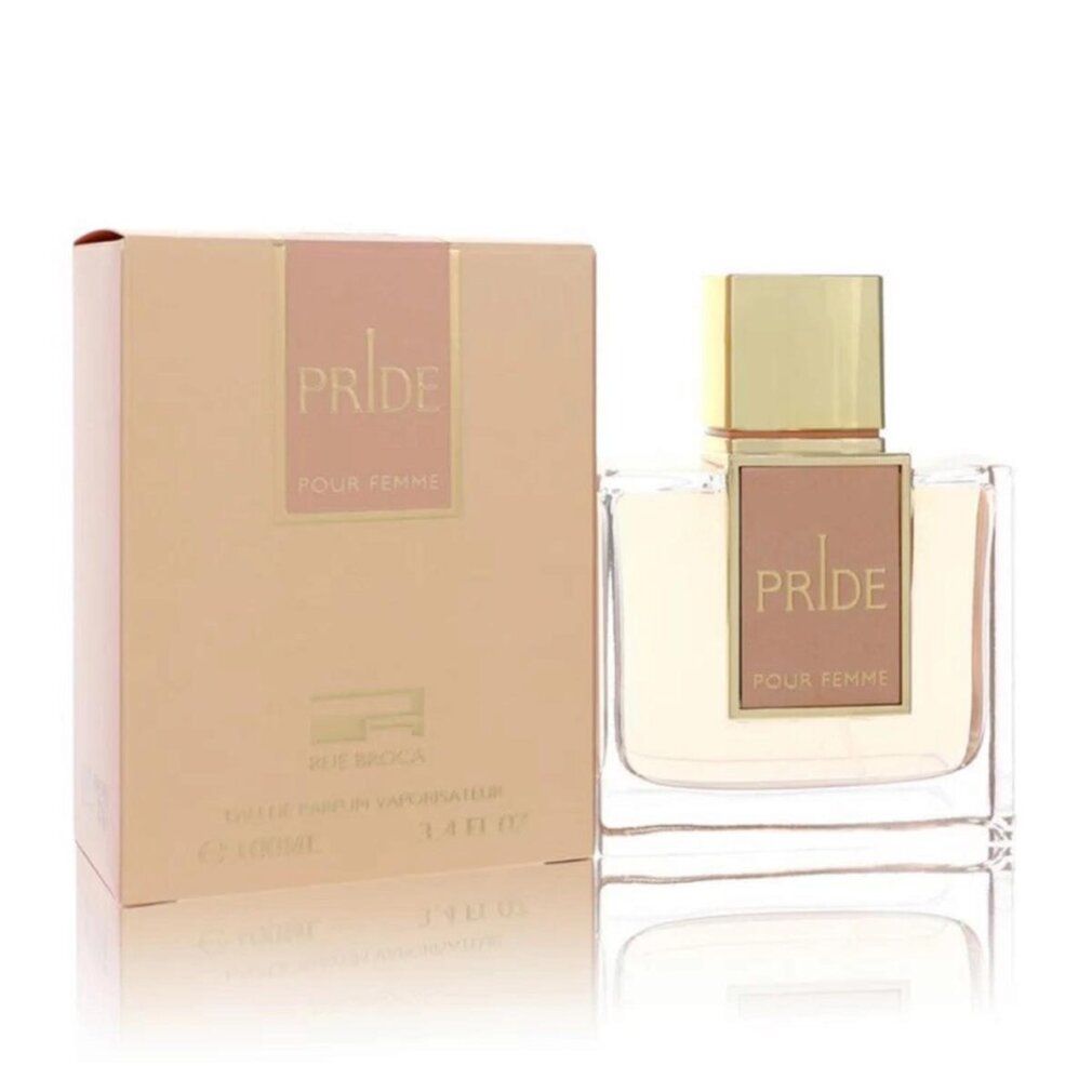 Flacone di profumo e confezione. Flacone rettangolare con tappo dorato ed etichetta. Confezione beige con scritta "PRIDE".