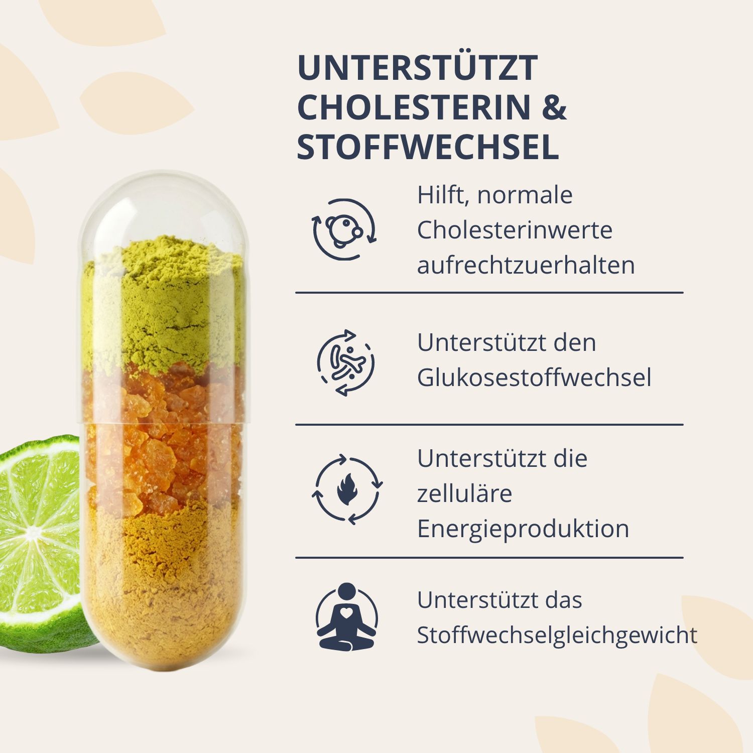 Capsula trasparente con strati di polvere che rappresentano gli ingredienti di Cardio Relief.